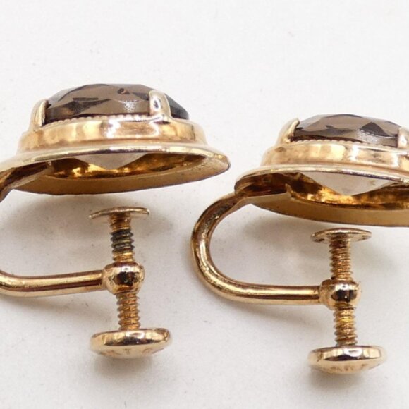 Vintage AMCO Jewels; 14K Overlay; Smoky Quartz Screw On Earrings; 0.5" - Picture 3 of 7